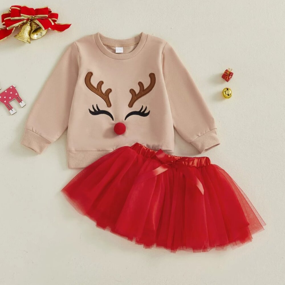Reindeer Girls Christmas Tutu Skirt Outfit Set